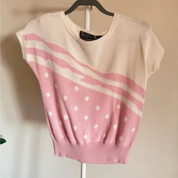 Vintage Jimmy Garcia Short Sleeve Knit Sweater - Cream & Pink, Size - Picture 3 of 6